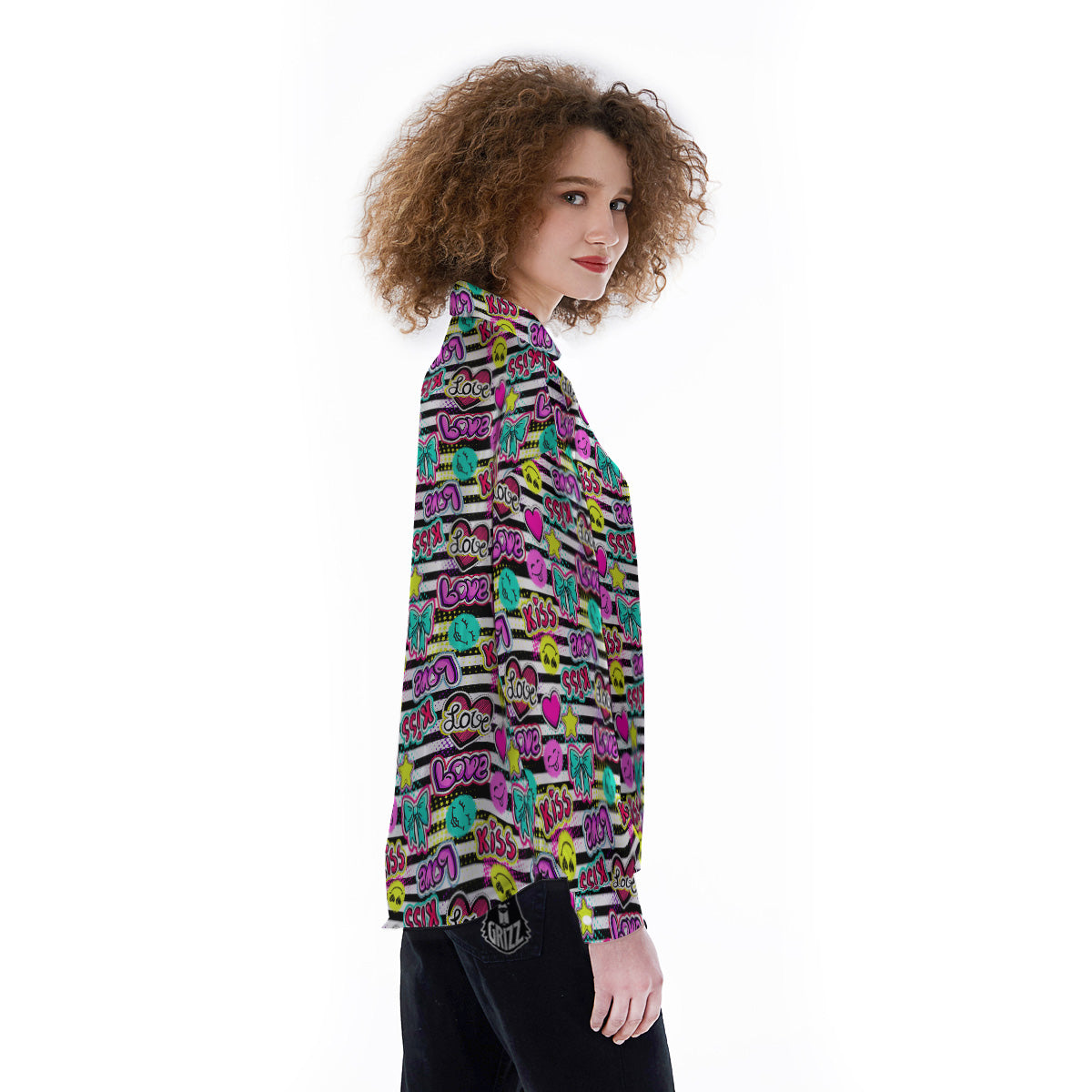 Emoji Comics Stripe Print Pattern Women's Long Sleeve Shirts-grizzshop