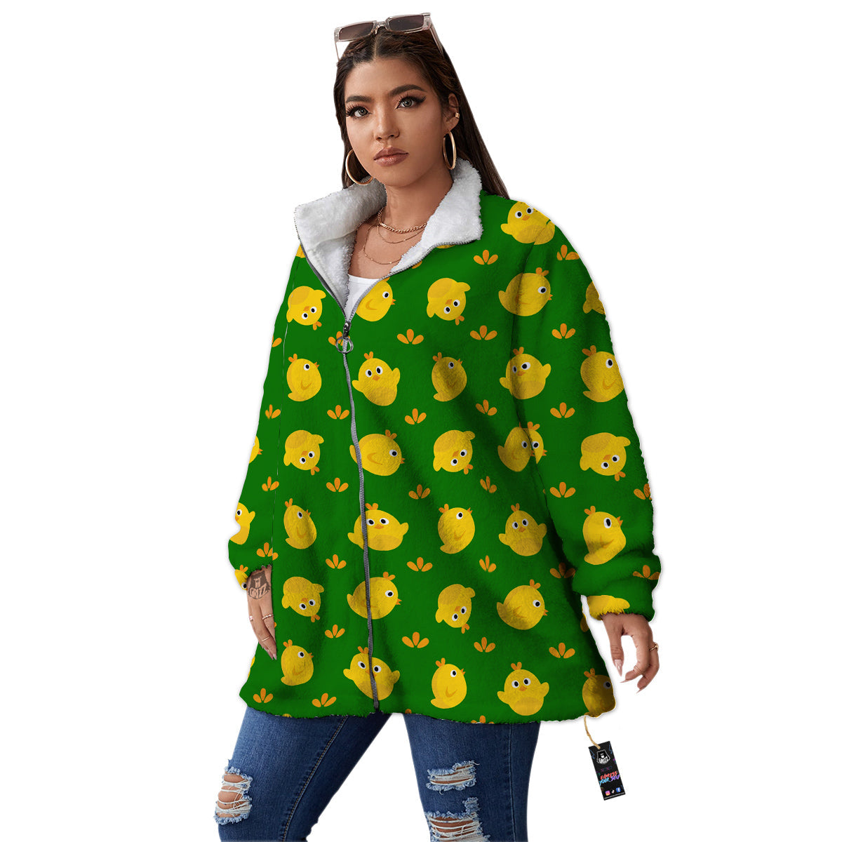 Emoji Cute Chicken Print Pattern Women's Sherpa Jacket-grizzshop