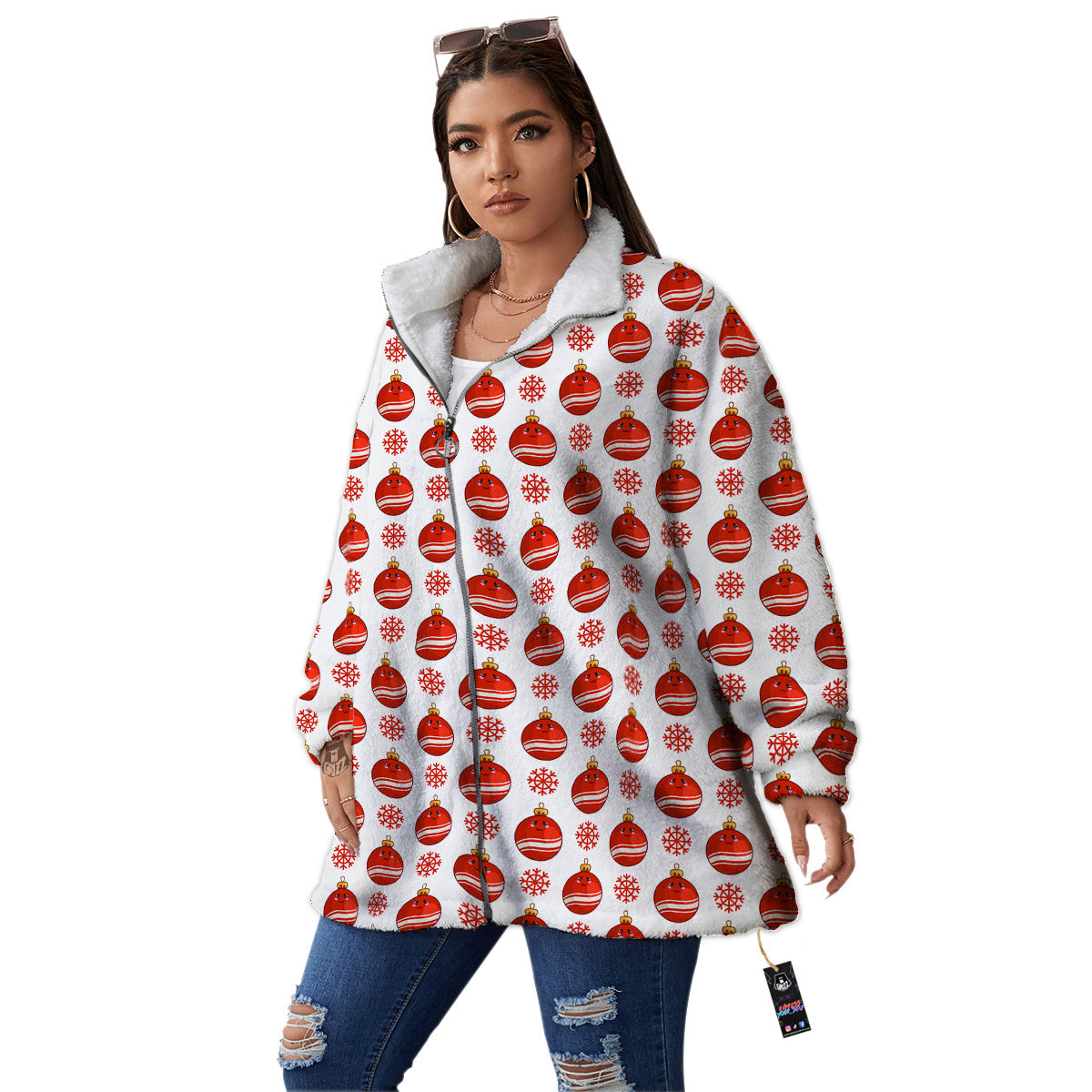 Emoji Cute Christmas Print Pattern Women's Sherpa Jacket-grizzshop