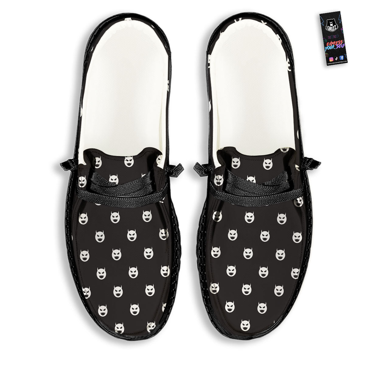 Emoji Devil Print Pattern Black Loafers-grizzshop