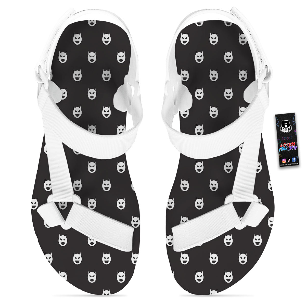 Emoji Devil Print Pattern White Open Toe Sandals-grizzshop