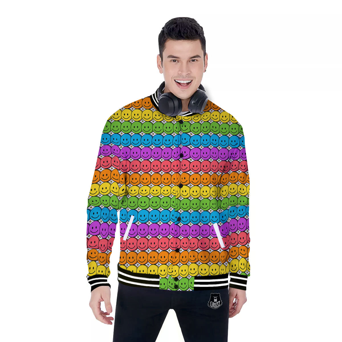 Emoji Faces Colorful Print Pattern Baseball Jacket-grizzshop