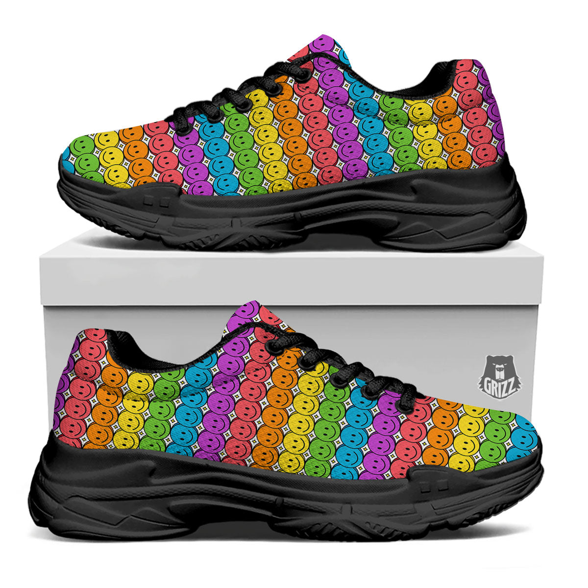 Emoji Faces Colorful Print Pattern Black Chunky Shoes-grizzshop
