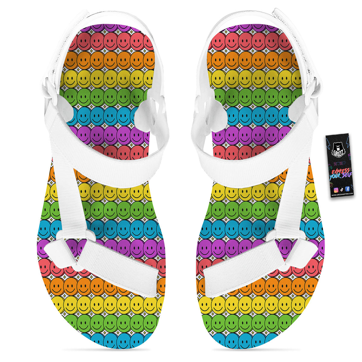 Emoji Faces Colorful Print Pattern White Open Toe Sandals-grizzshop