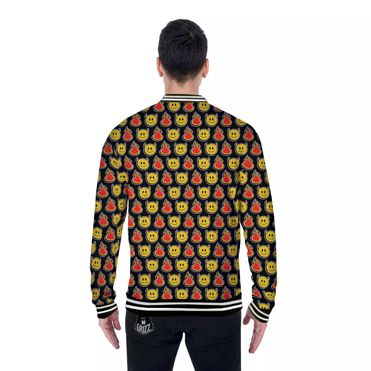 Emoji Fire And Devil Cute Print Pattern Baseball Jacket-grizzshop