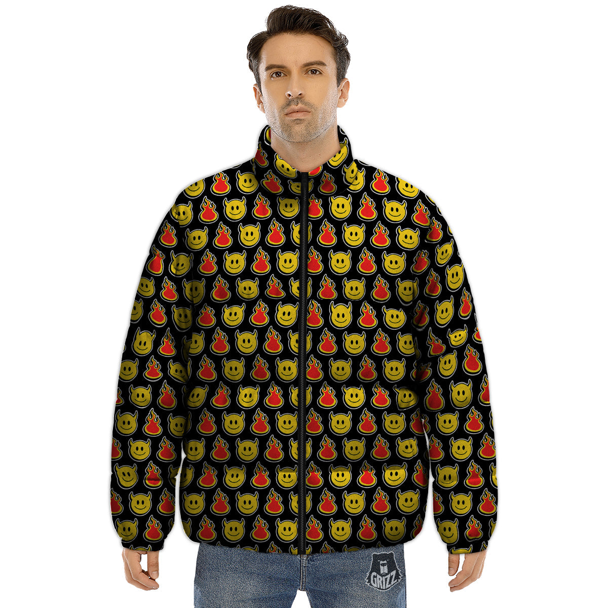 Emoji Fire And Devil Cute Print Pattern Puffer Jacket-grizzshop