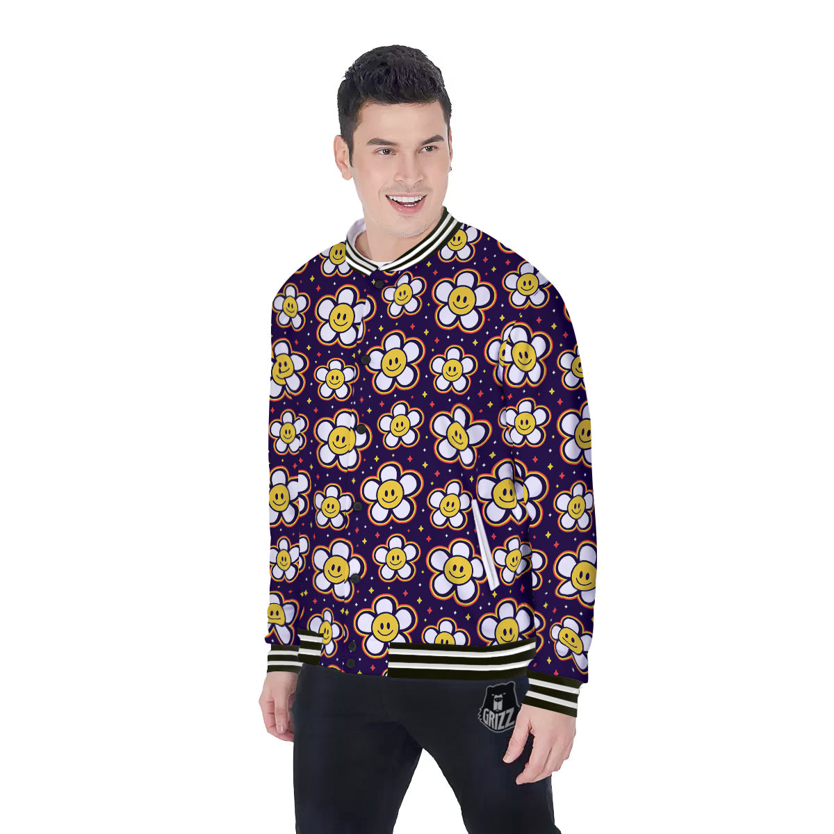 Emoji Flower Smile Print Pattern Baseball Jacket-grizzshop