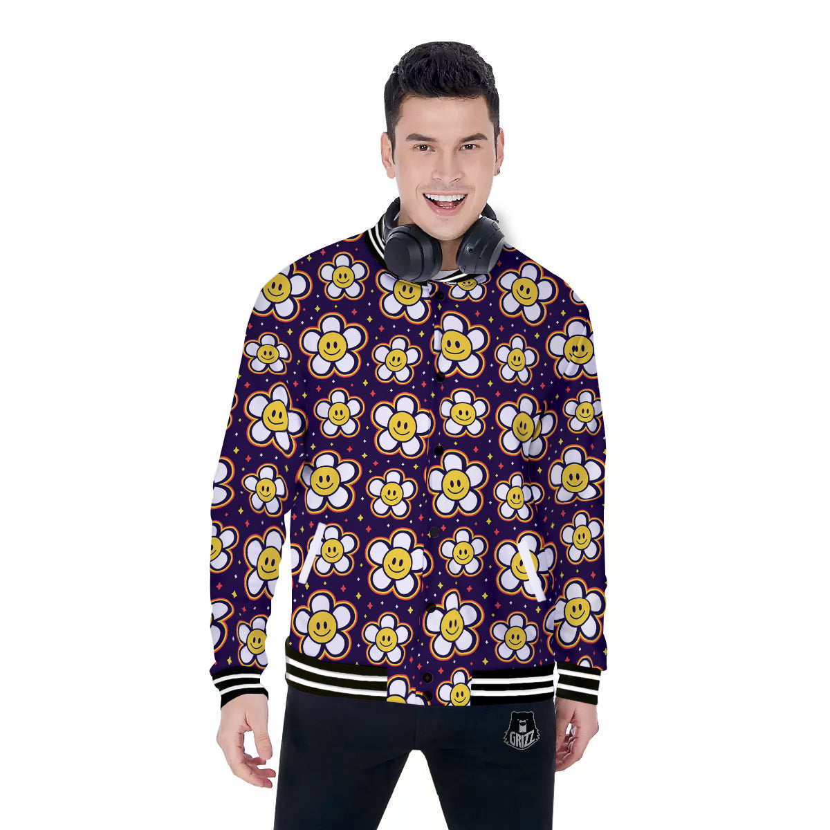 Emoji Flower Smile Print Pattern Baseball Jacket-grizzshop