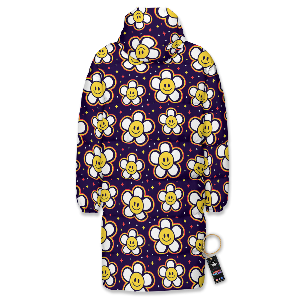 Emoji Flower Smile Print Pattern Long Down Jacket-grizzshop