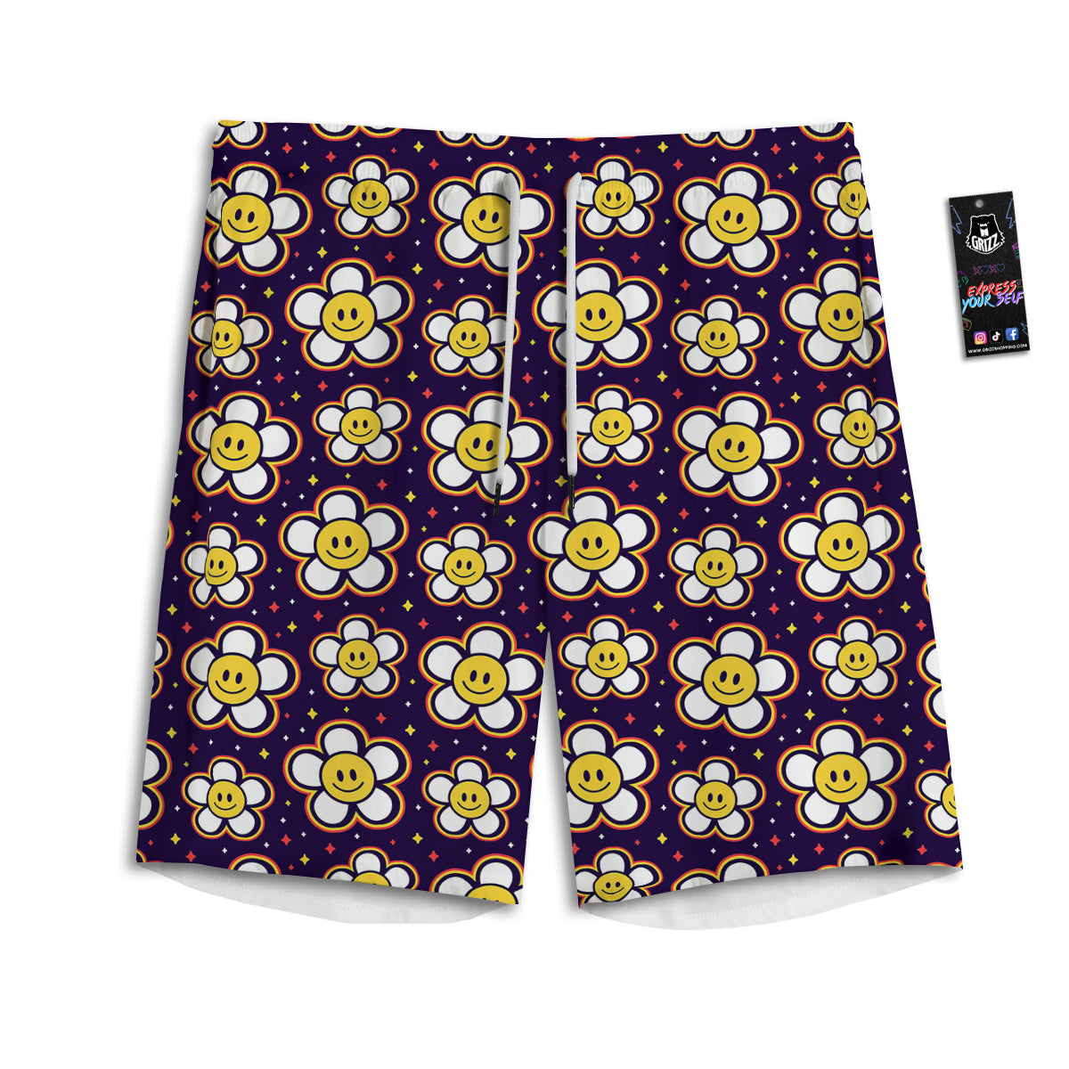 Emoji Flower Smile Print Pattern Men's Athletic Shorts-grizzshop