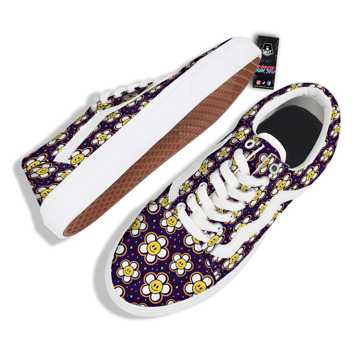 Emoji Flower Smile Print Pattern Skate Shoes-grizzshop