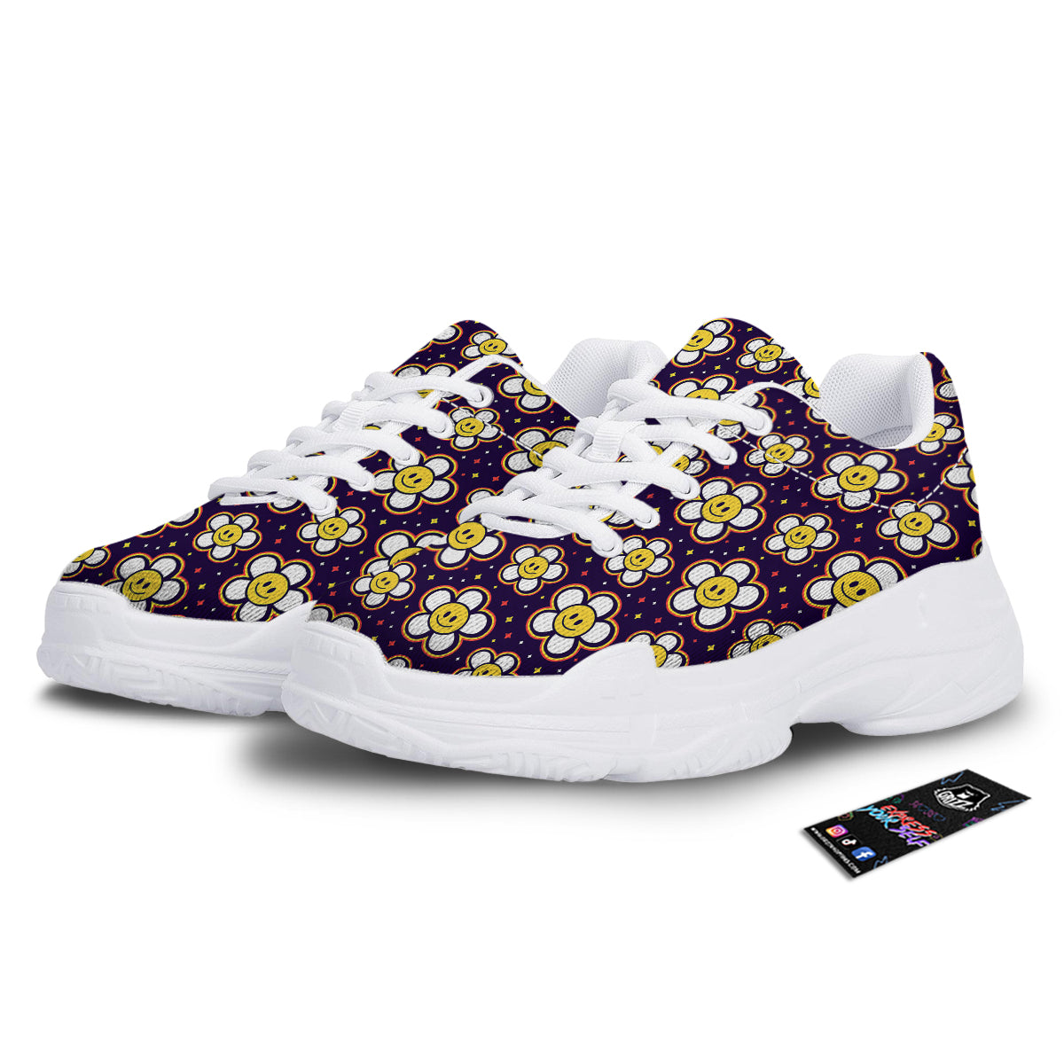 Emoji Flower Smile Print Pattern White Chunky Shoes-grizzshop