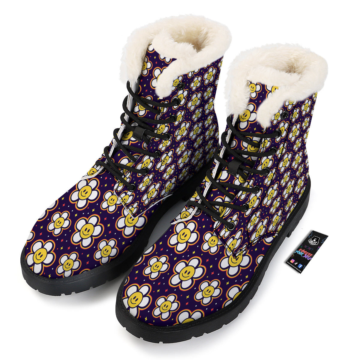 Emoji Flower Smile Print Pattern Winter Boots-grizzshop