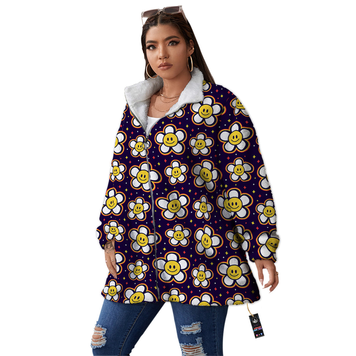 Emoji Flower Smile Print Pattern Women's Sherpa Jacket-grizzshop