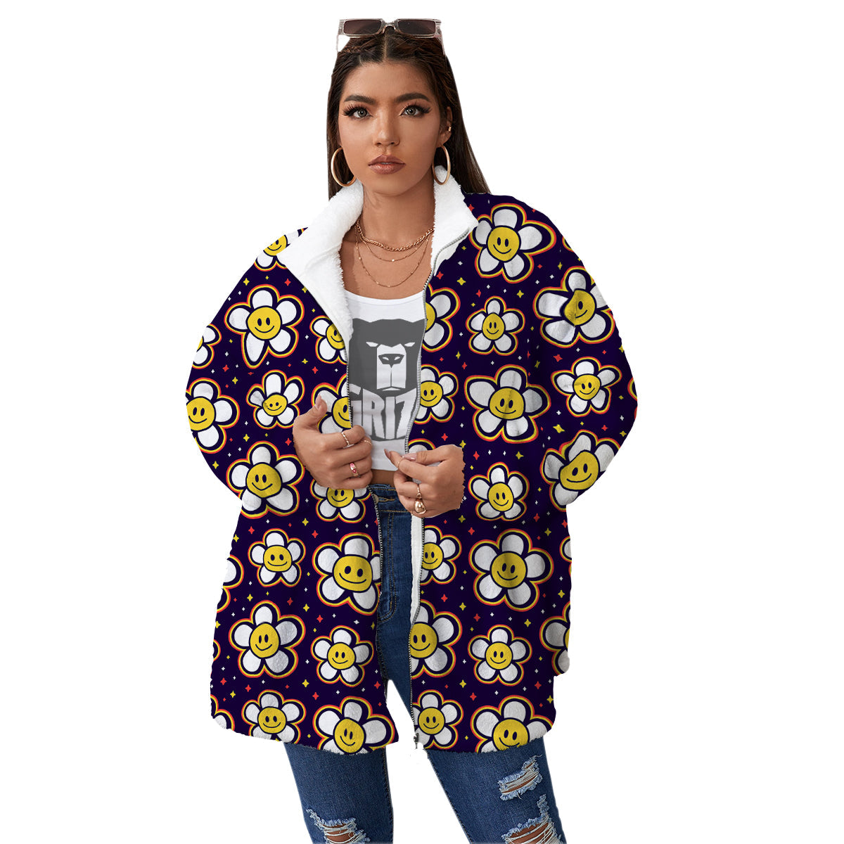 Emoji Flower Smile Print Pattern Women's Sherpa Jacket-grizzshop