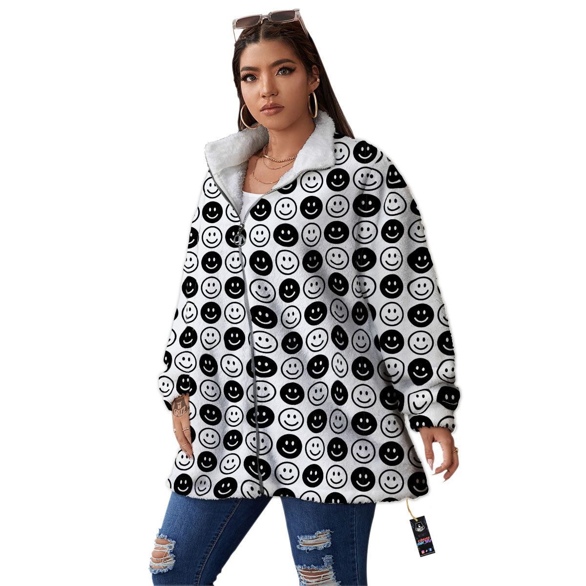 Emoji Funny Print Pattern Women's Sherpa Jacket-grizzshop