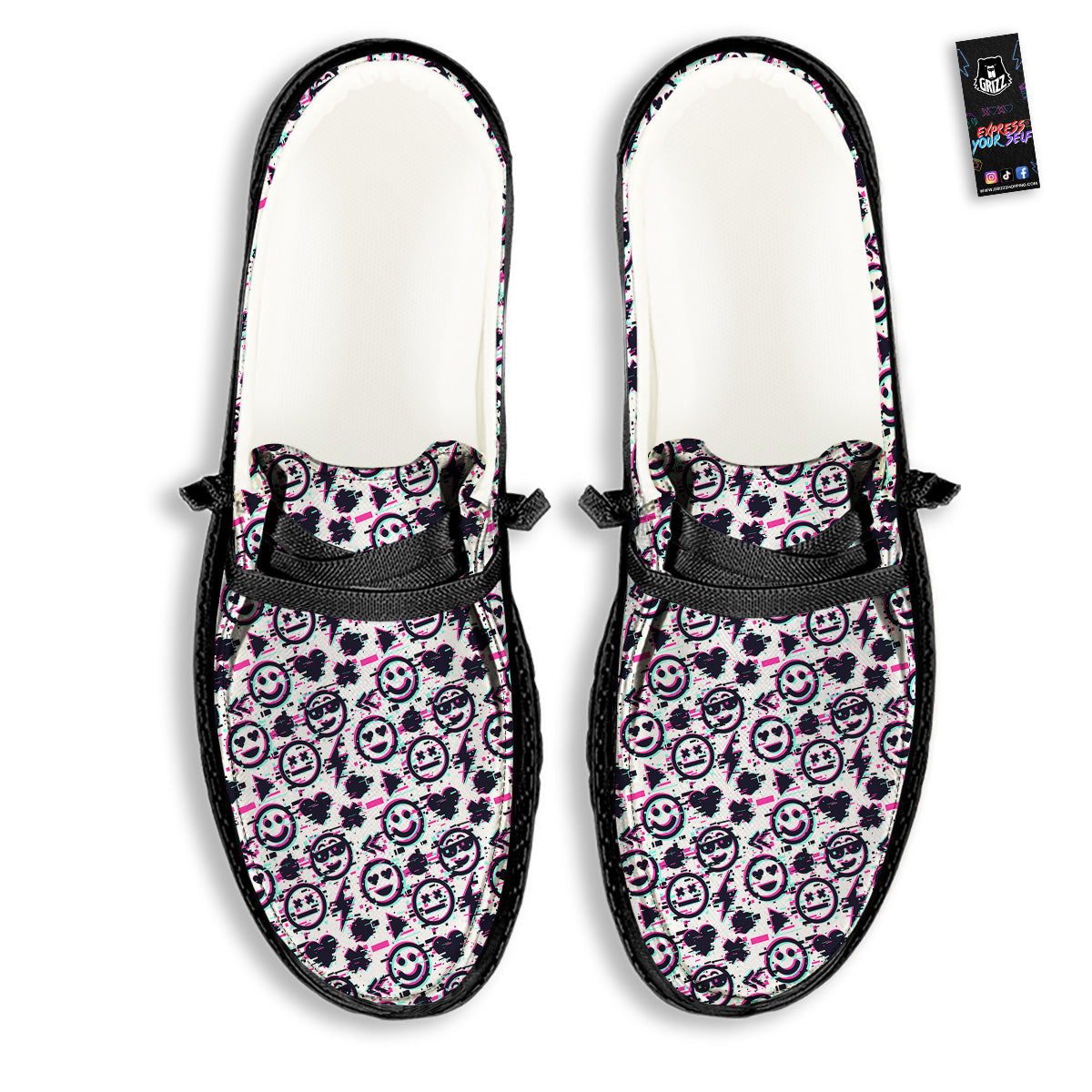 Emoji Glitch Neon Print Pattern Black Loafers-grizzshop