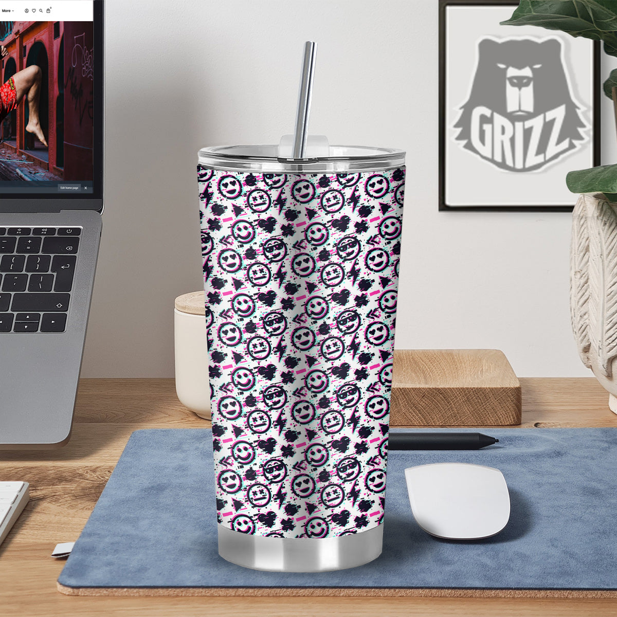 Emoji Glitch Neon Print Pattern Tumbler-grizzshop