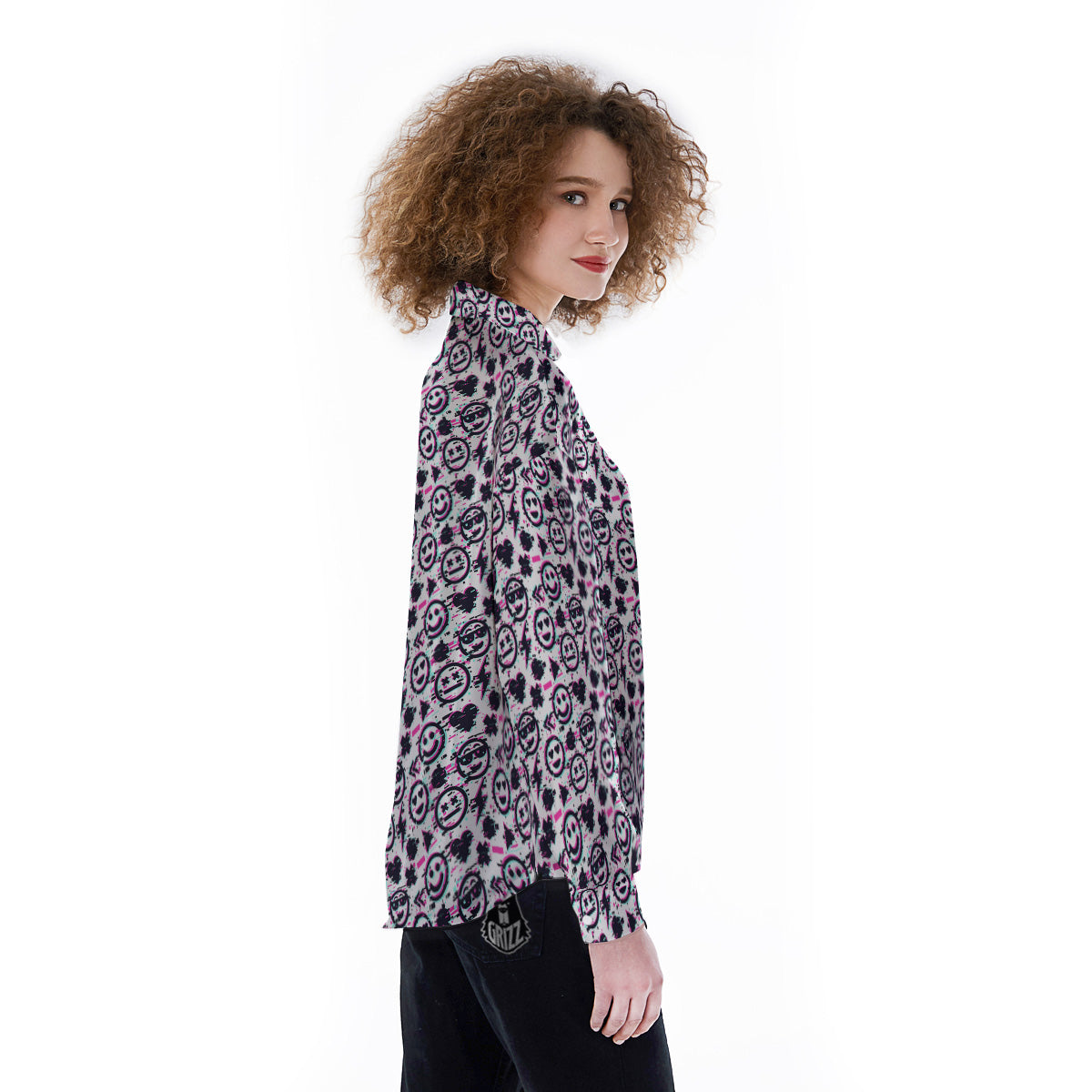 Emoji Glitch Neon Print Pattern Women's Long Sleeve Shirts-grizzshop