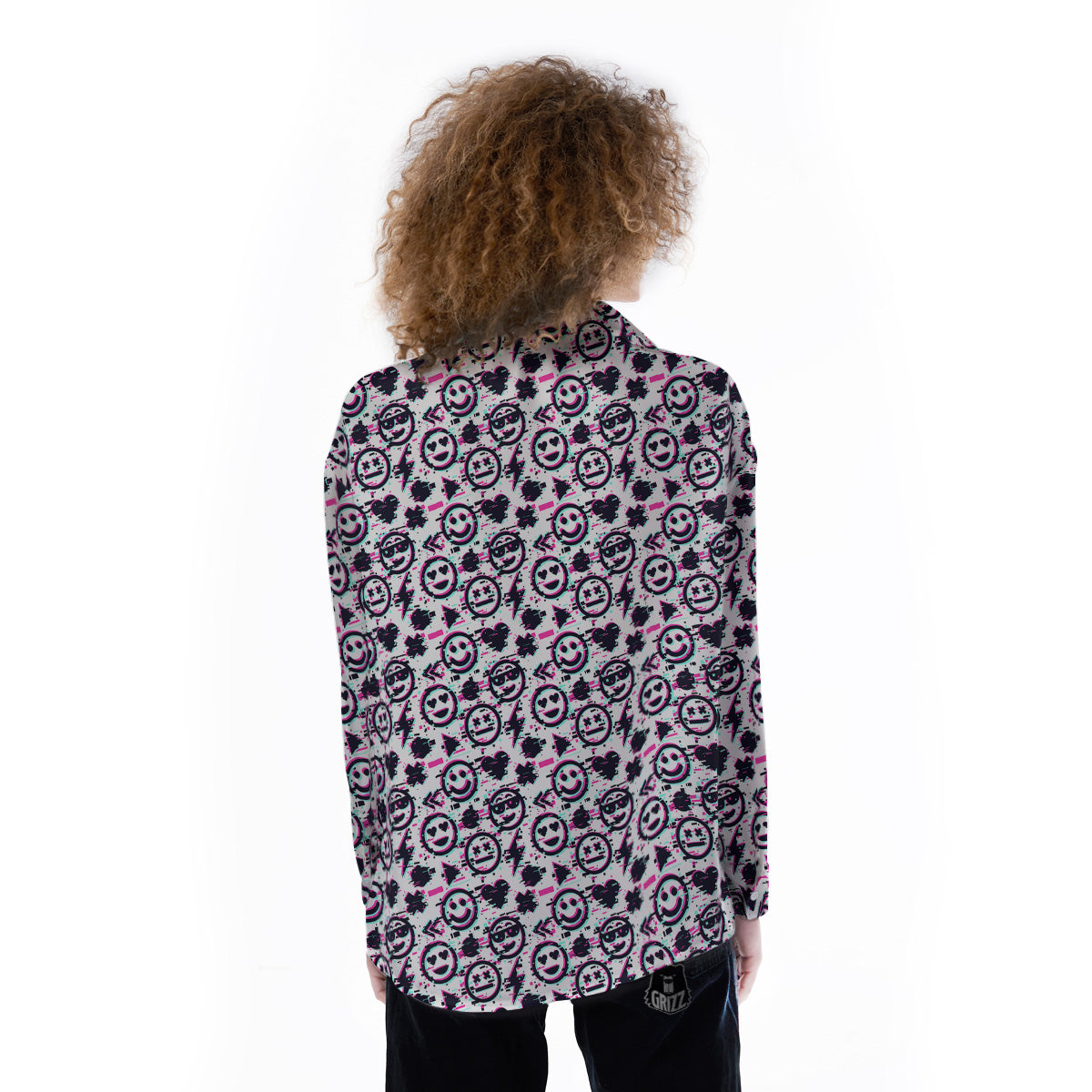 Emoji Glitch Neon Print Pattern Women's Long Sleeve Shirts-grizzshop