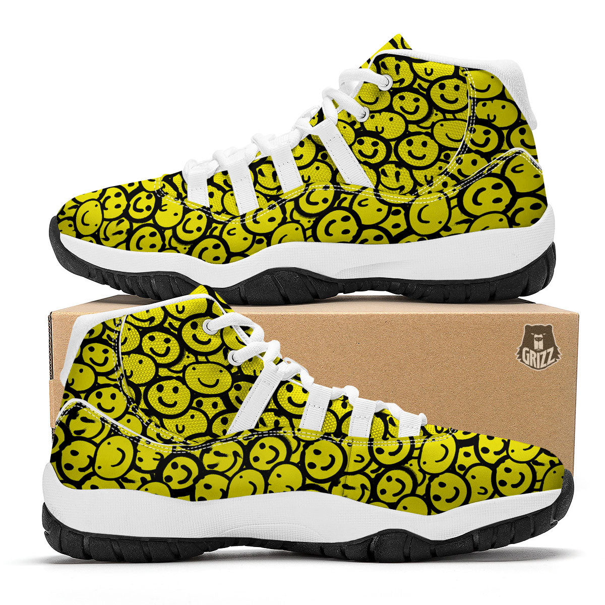 Emoji Graffiti Happy Print Pattern White Bball Shoes-grizzshop