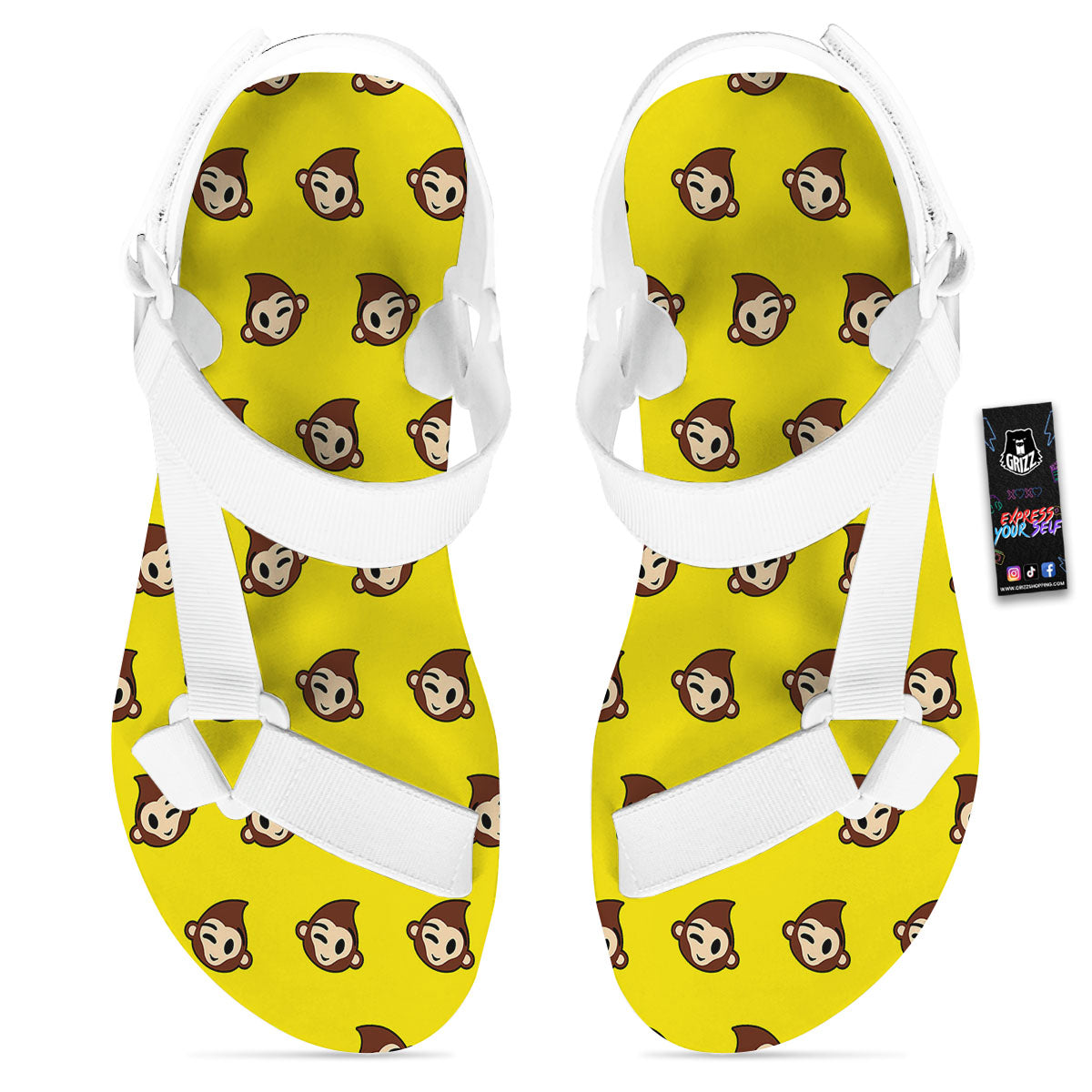Emoji Monkey Print Pattern White Open Toe Sandals-grizzshop