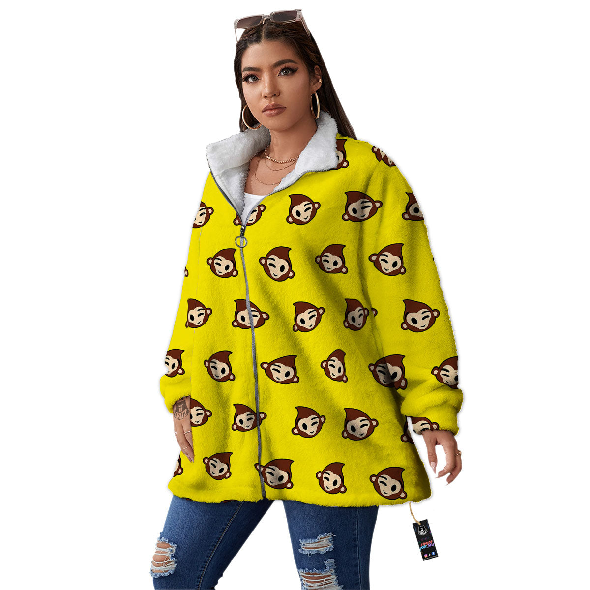 Emoji Monkey Print Pattern Women's Sherpa Jacket-grizzshop