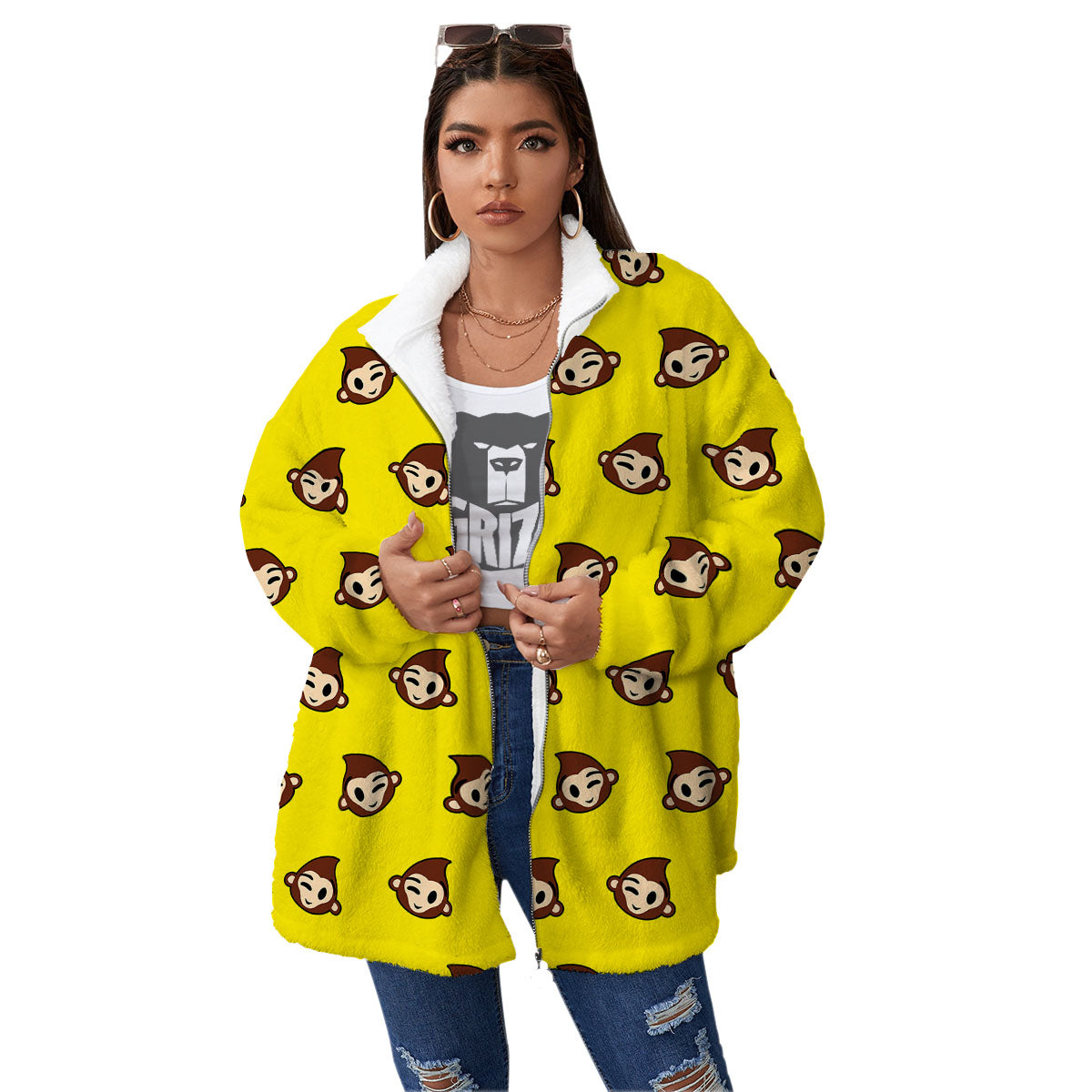 Emoji Monkey Print Pattern Women's Sherpa Jacket-grizzshop