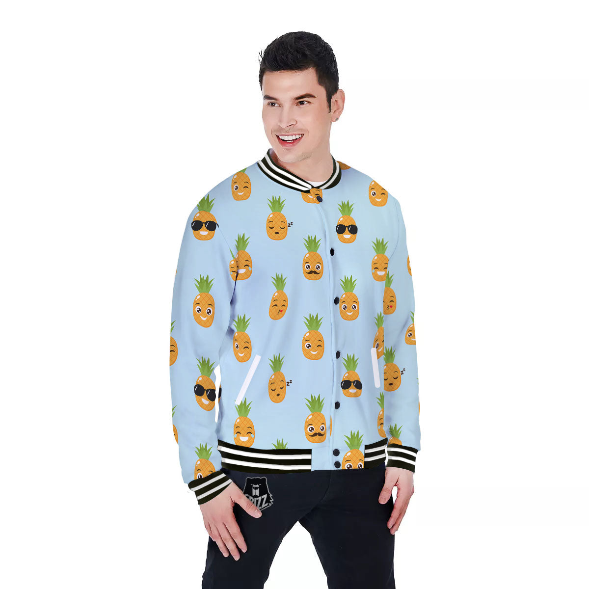 Emoji Pineapple Print Pattern Baseball Jacket-grizzshop
