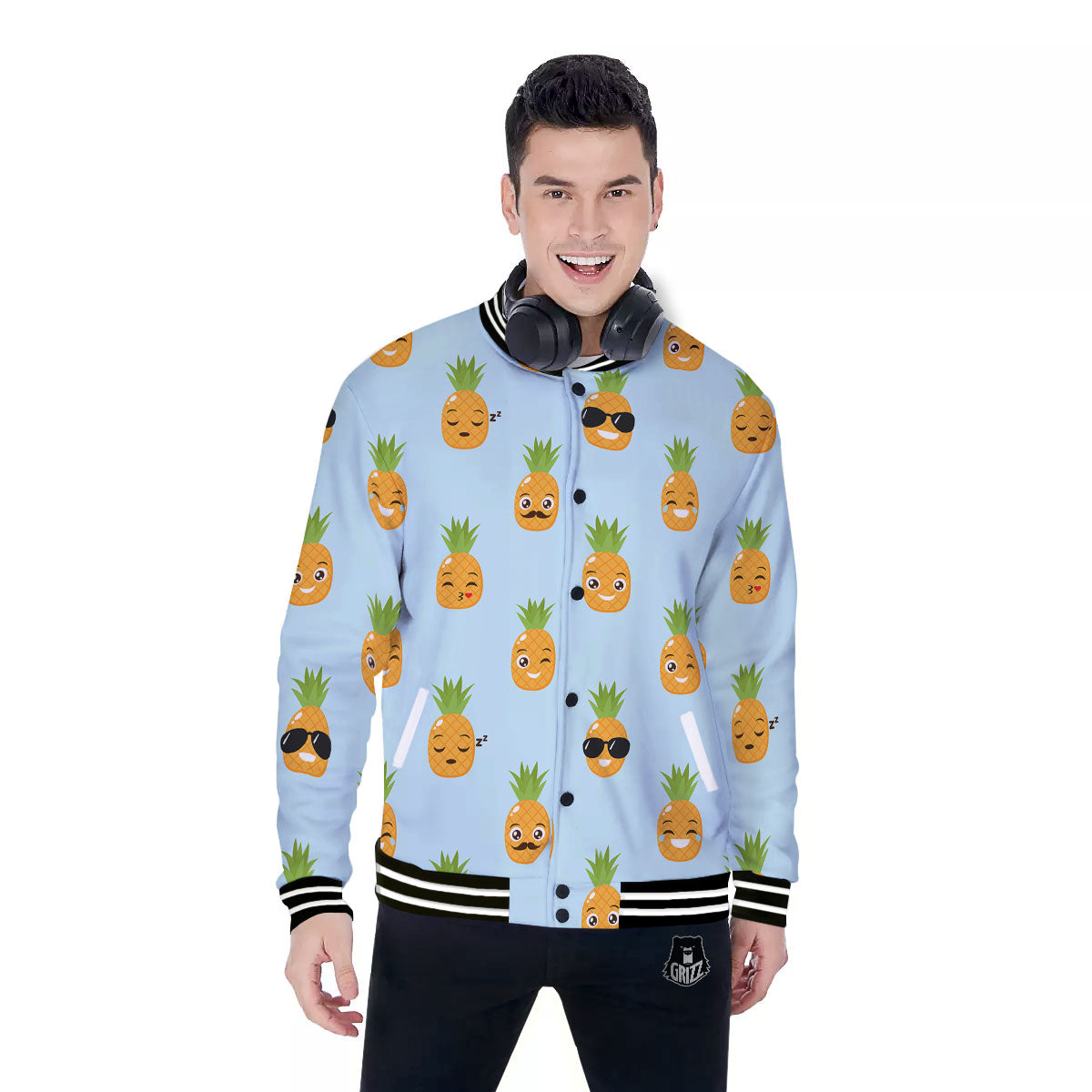 Emoji Pineapple Print Pattern Baseball Jacket-grizzshop