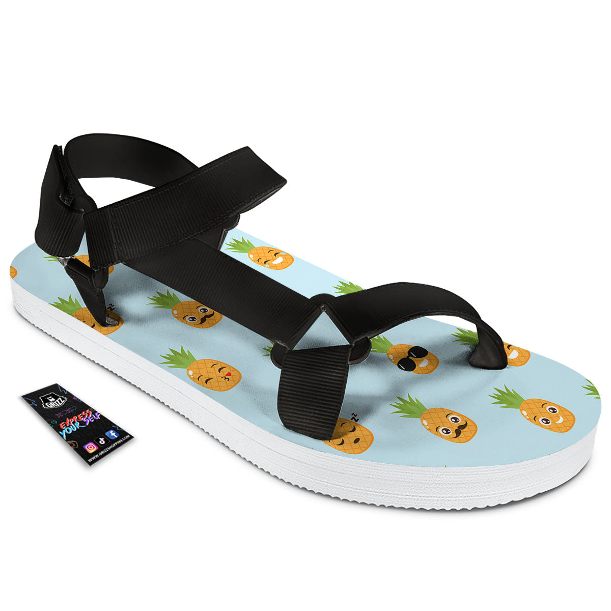 Emoji Pineapple Print Pattern Black Open Toe Sandals-grizzshop