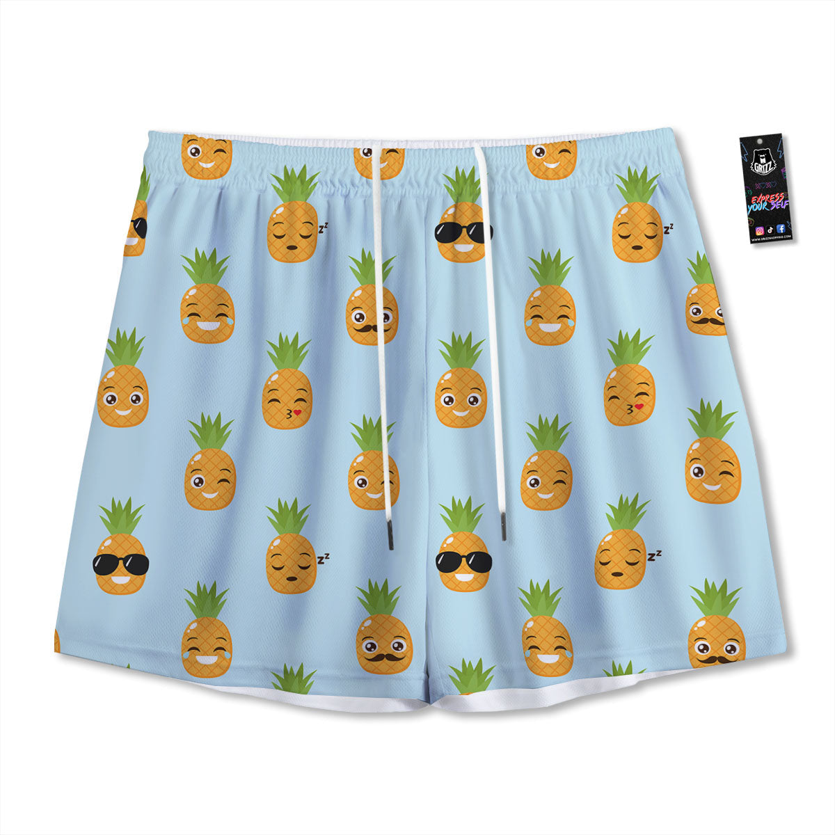 Emoji Pineapple Print Pattern Mesh Shorts-grizzshop