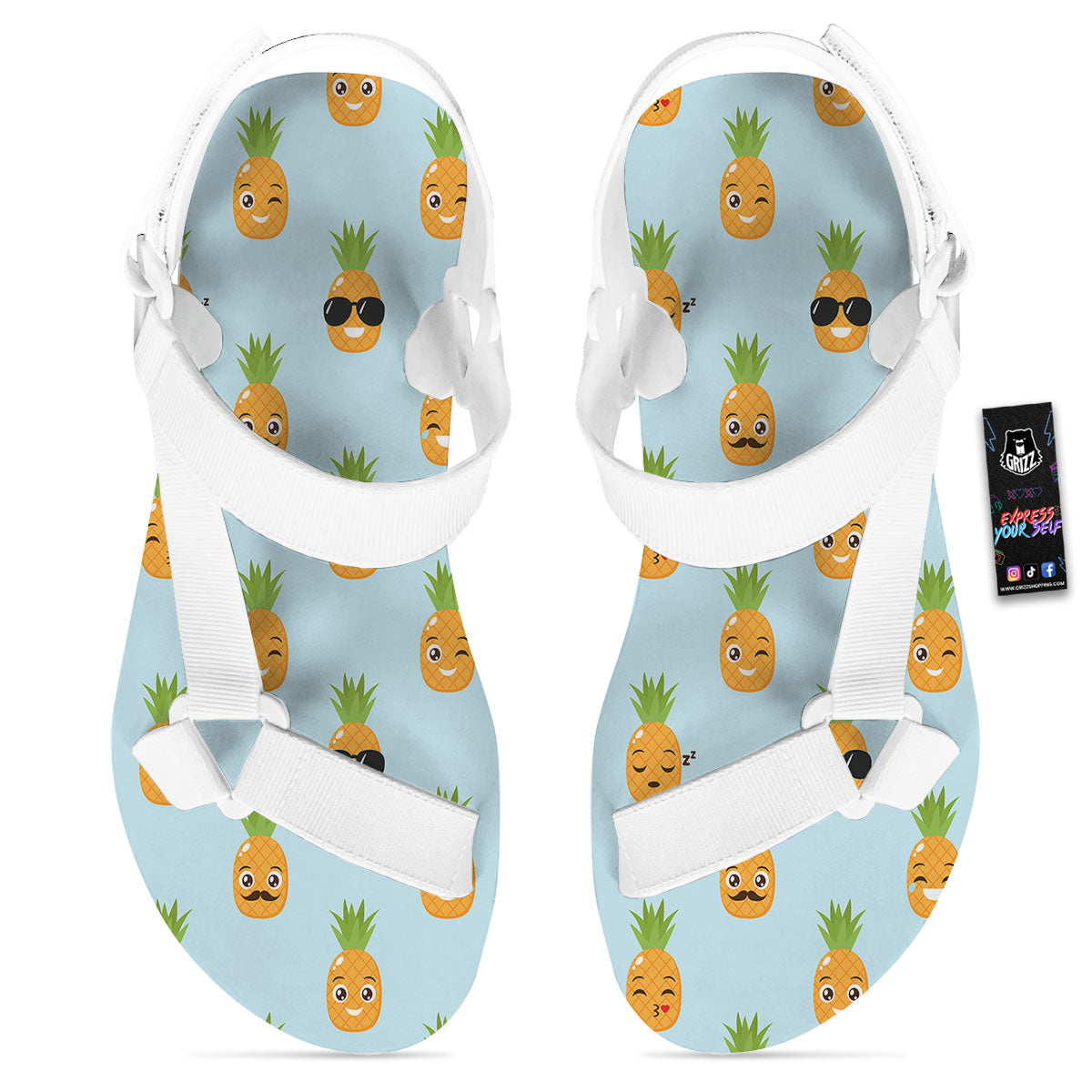 Emoji Pineapple Print Pattern White Open Toe Sandals-grizzshop