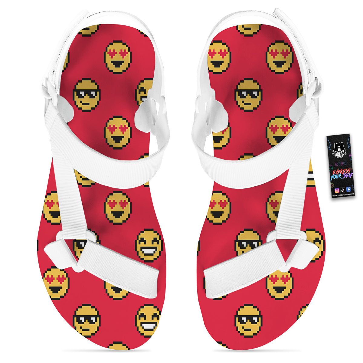 Emoji Pixel Print Pattern White Open Toe Sandals-grizzshop