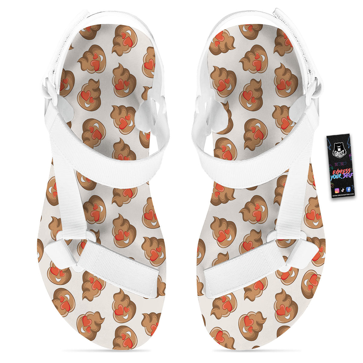 Emoji Poop Print Pattern White Open Toe Sandals-grizzshop