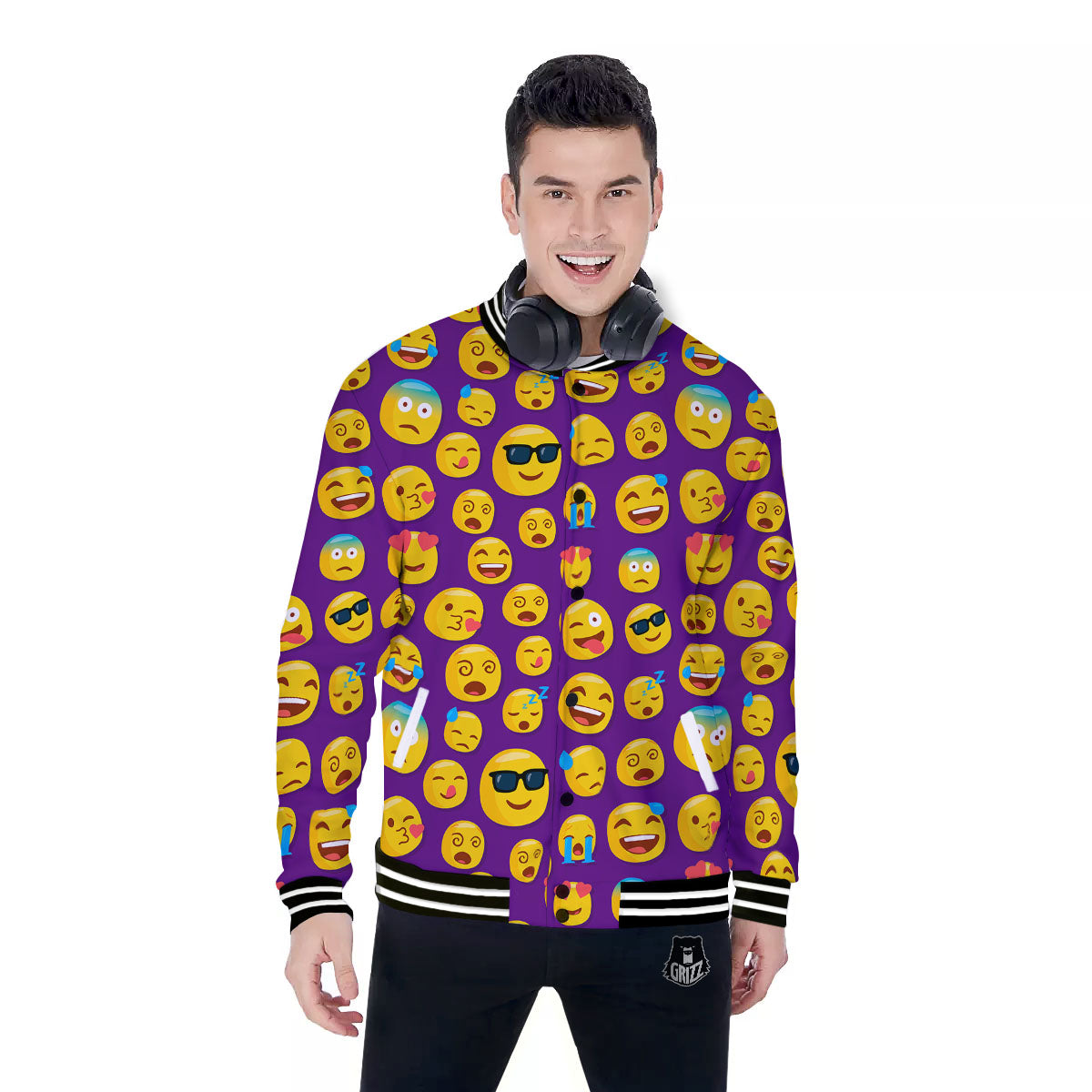 Emoji Purple Print Pattern Baseball Jacket-grizzshop