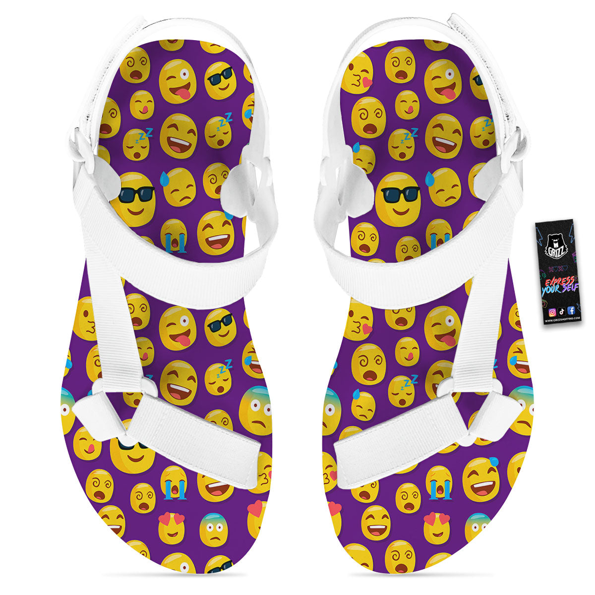 Emoji Purple Print Pattern White Open Toe Sandals-grizzshop