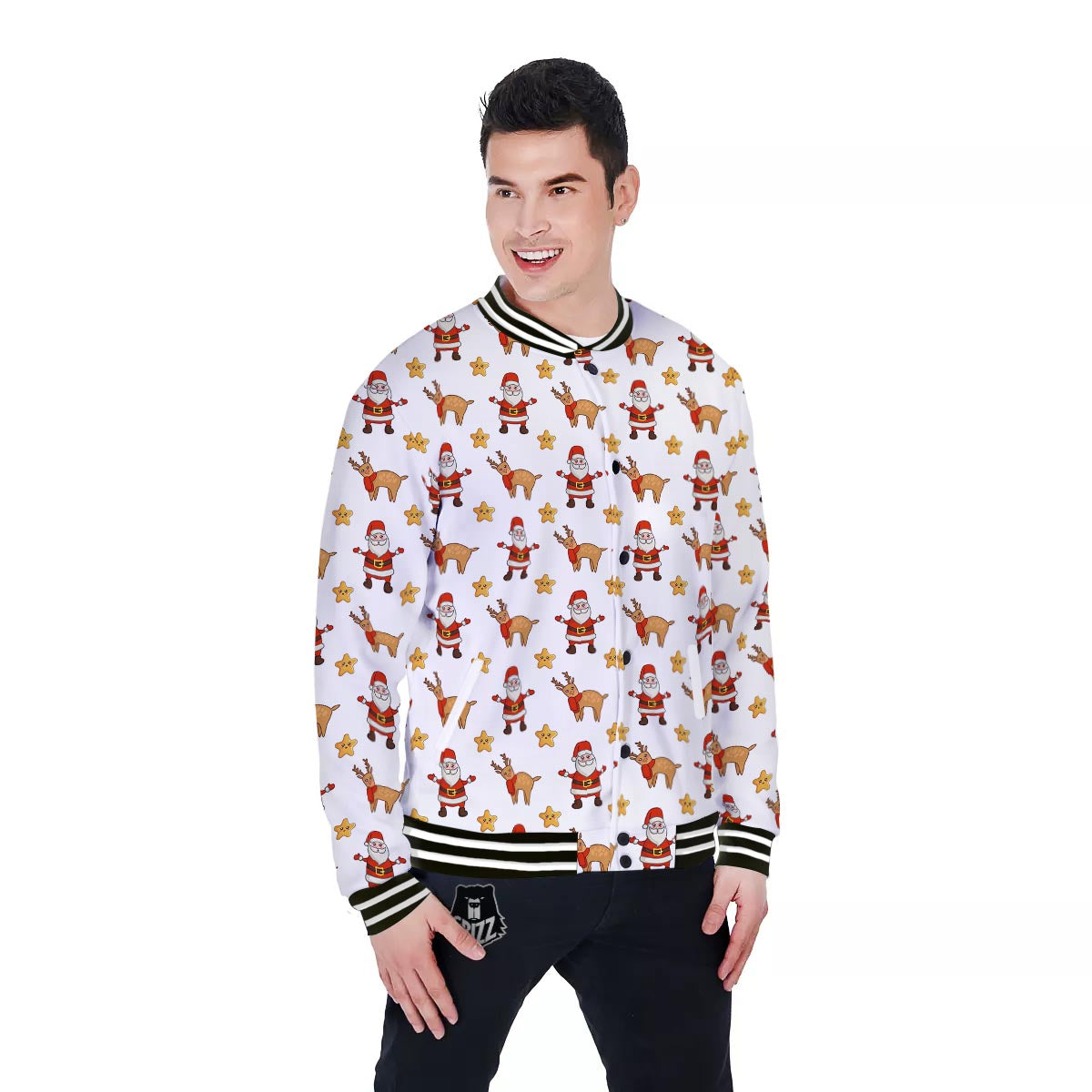 Emoji Reindeer And Santa Claus Print Pattern Baseball Jacket-grizzshop