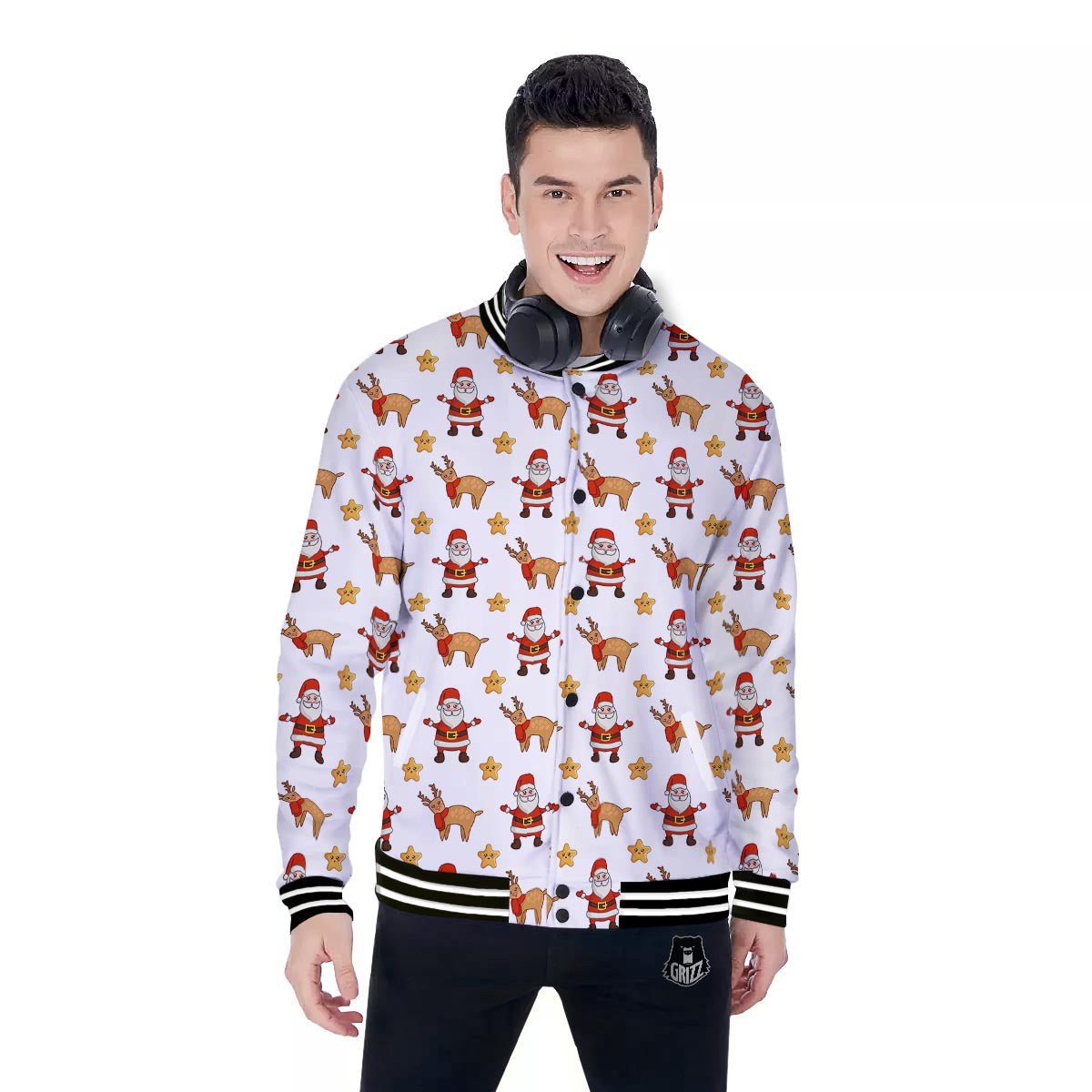 Emoji Reindeer And Santa Claus Print Pattern Baseball Jacket-grizzshop