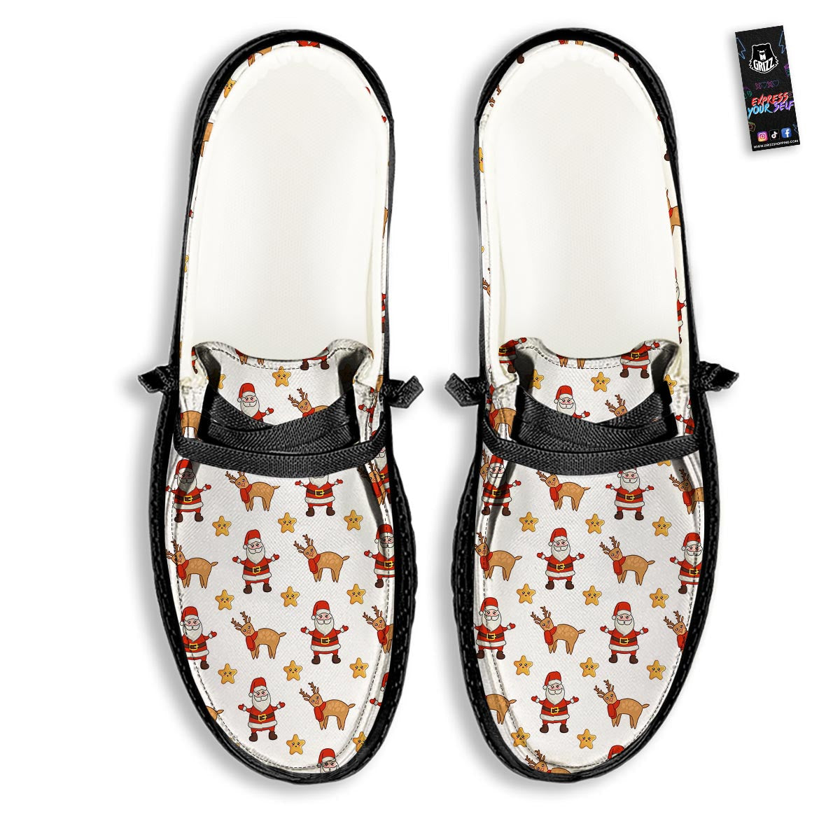 Emoji Reindeer And Santa Claus Print Pattern Black Loafers-grizzshop