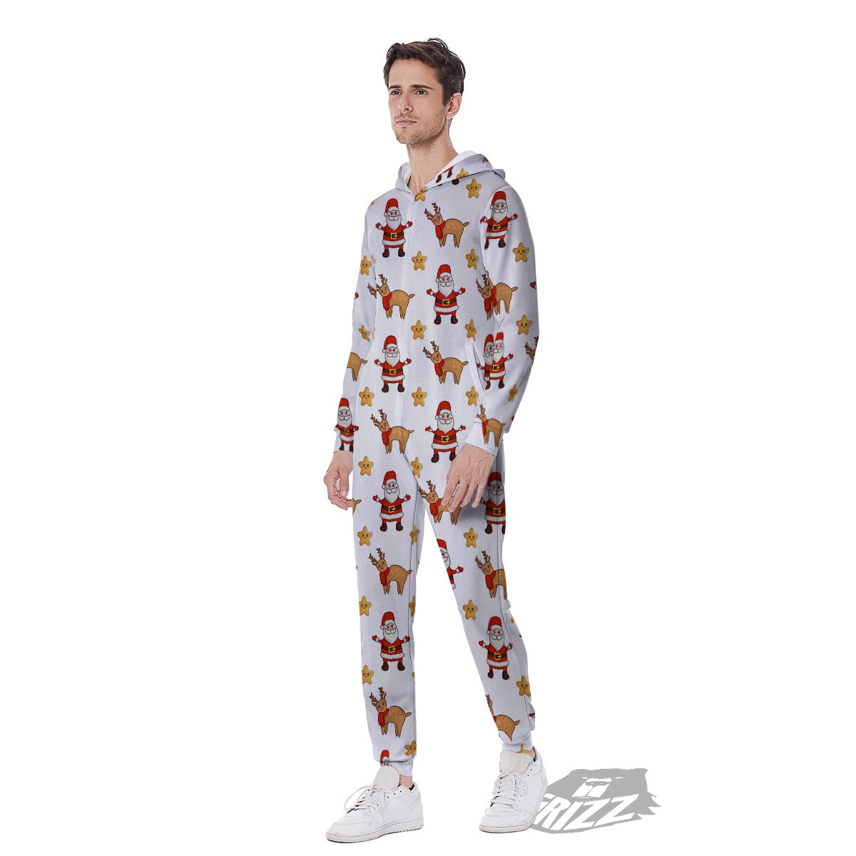Emoji Reindeer And Santa Claus Print Pattern Men's Jumpsuit-grizzshop