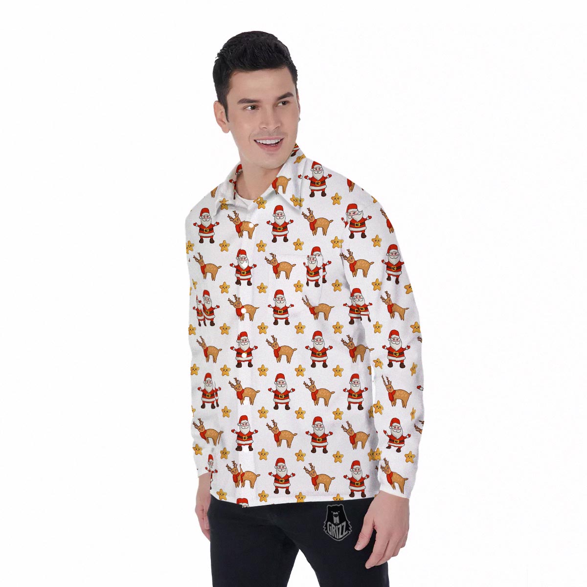Emoji Reindeer And Santa Claus Print Pattern Men's Long Sleeve Shirts-grizzshop