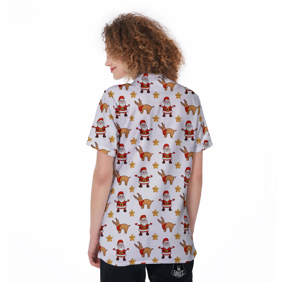 Emoji Reindeer And Santa Claus Print Pattern Women's Golf Shirts-grizzshop