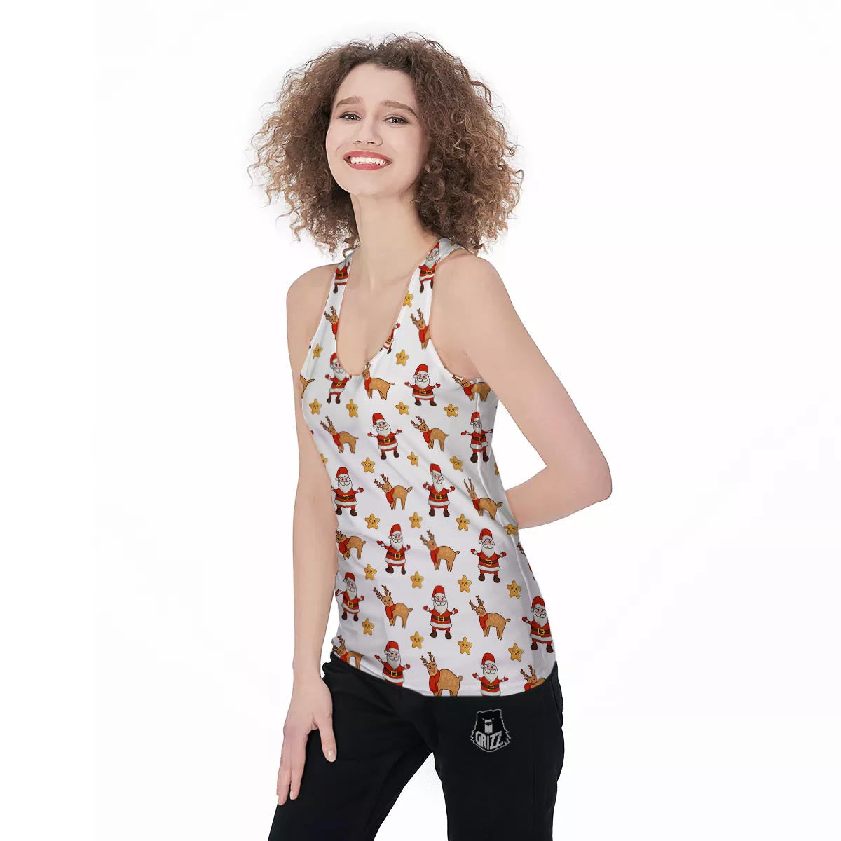Emoji Reindeer And Santa Claus Print Pattern Women's Racerback Tank Top-grizzshop
