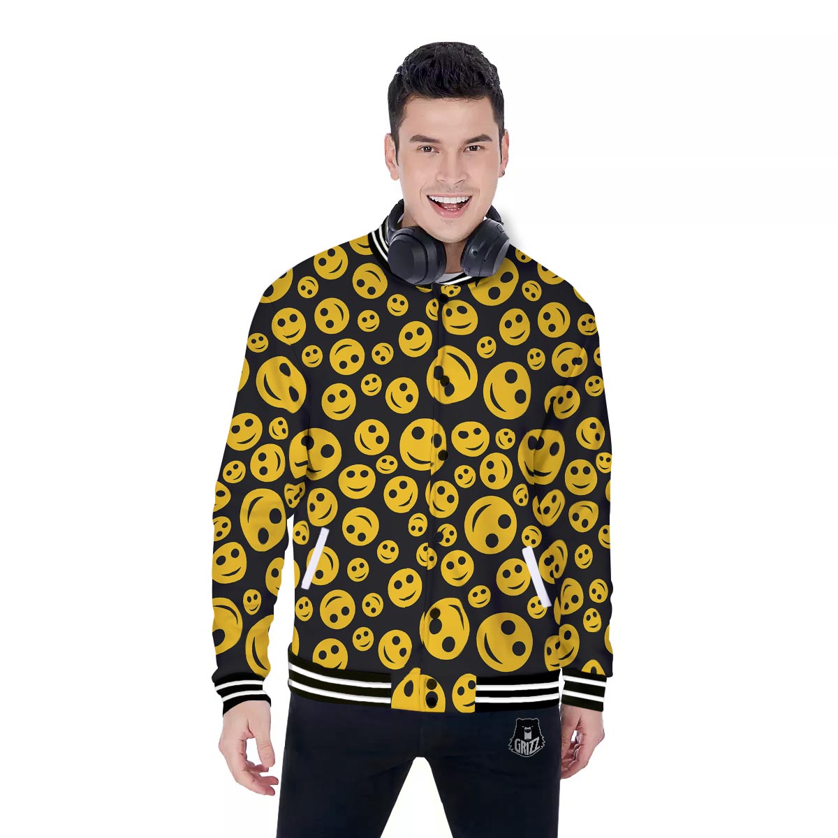 Emoji Smiley Faces Print Pattern Baseball Jacket-grizzshop
