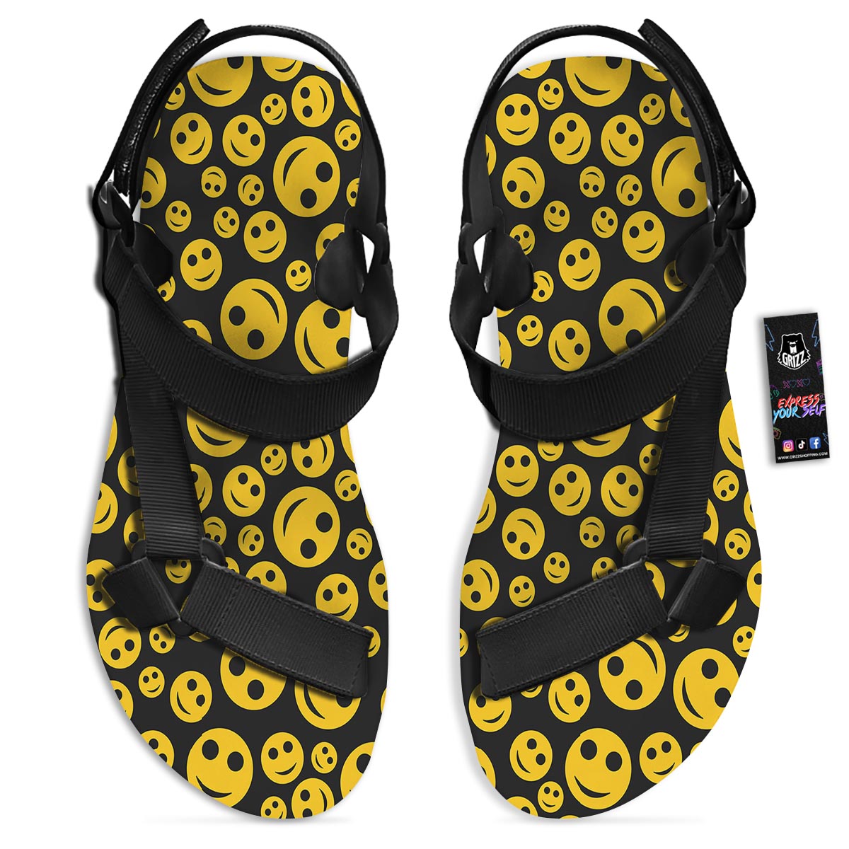 Emoji Smiley Faces Print Pattern Black Open Toe Sandals-grizzshop