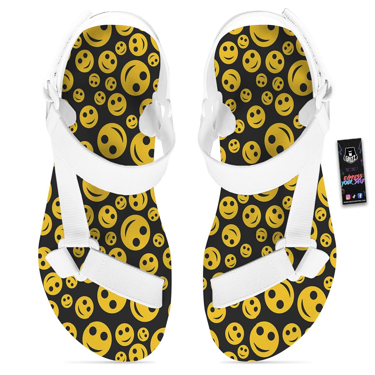 Emoji Smiley Faces Print Pattern White Open Toe Sandals-grizzshop