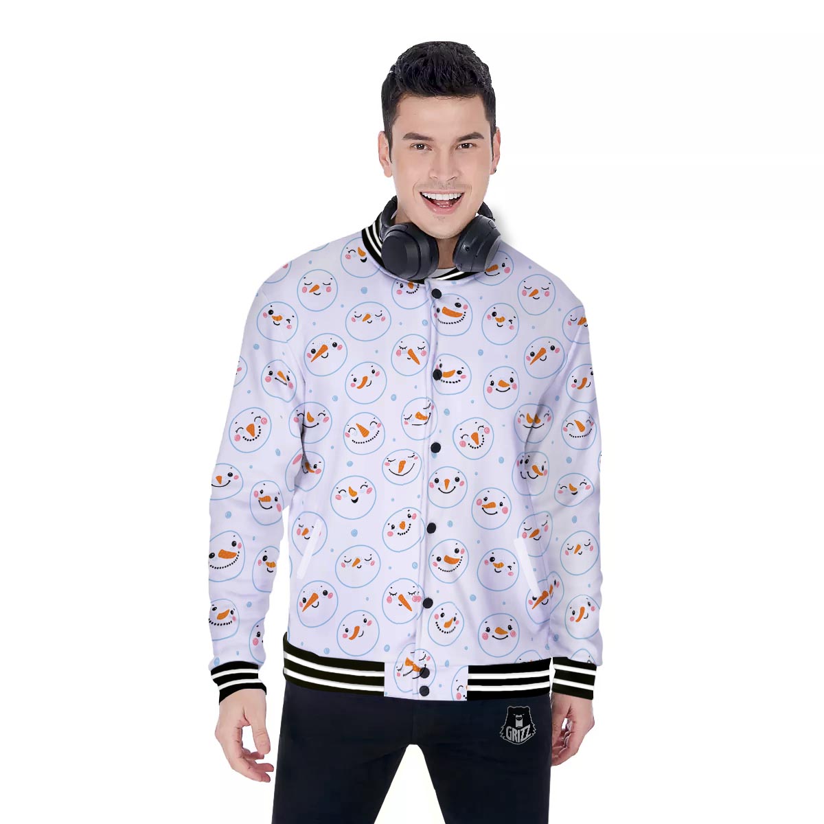 Emoji Snowman Print Pattern Baseball Jacket-grizzshop