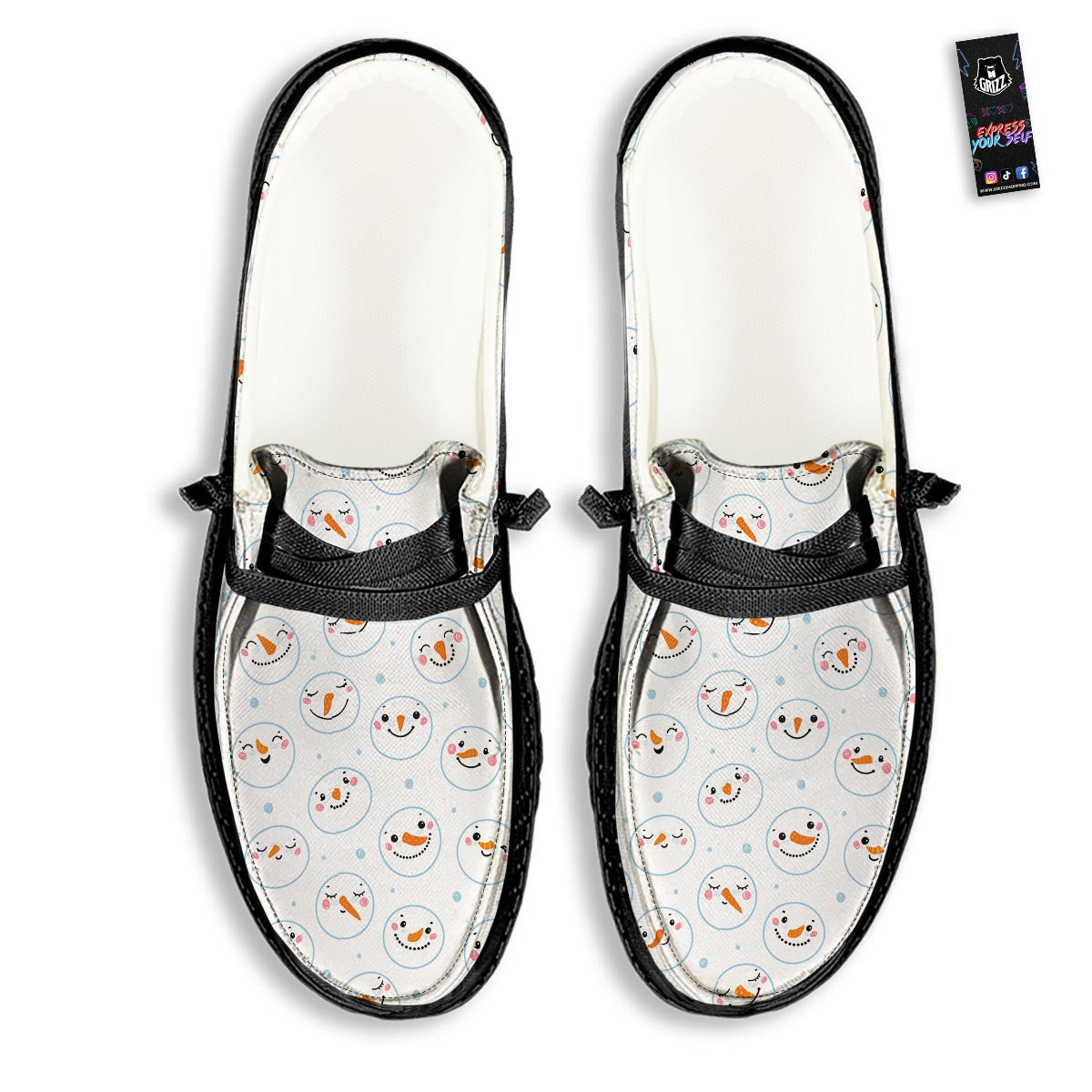 Emoji Snowman Print Pattern Black Loafers-grizzshop