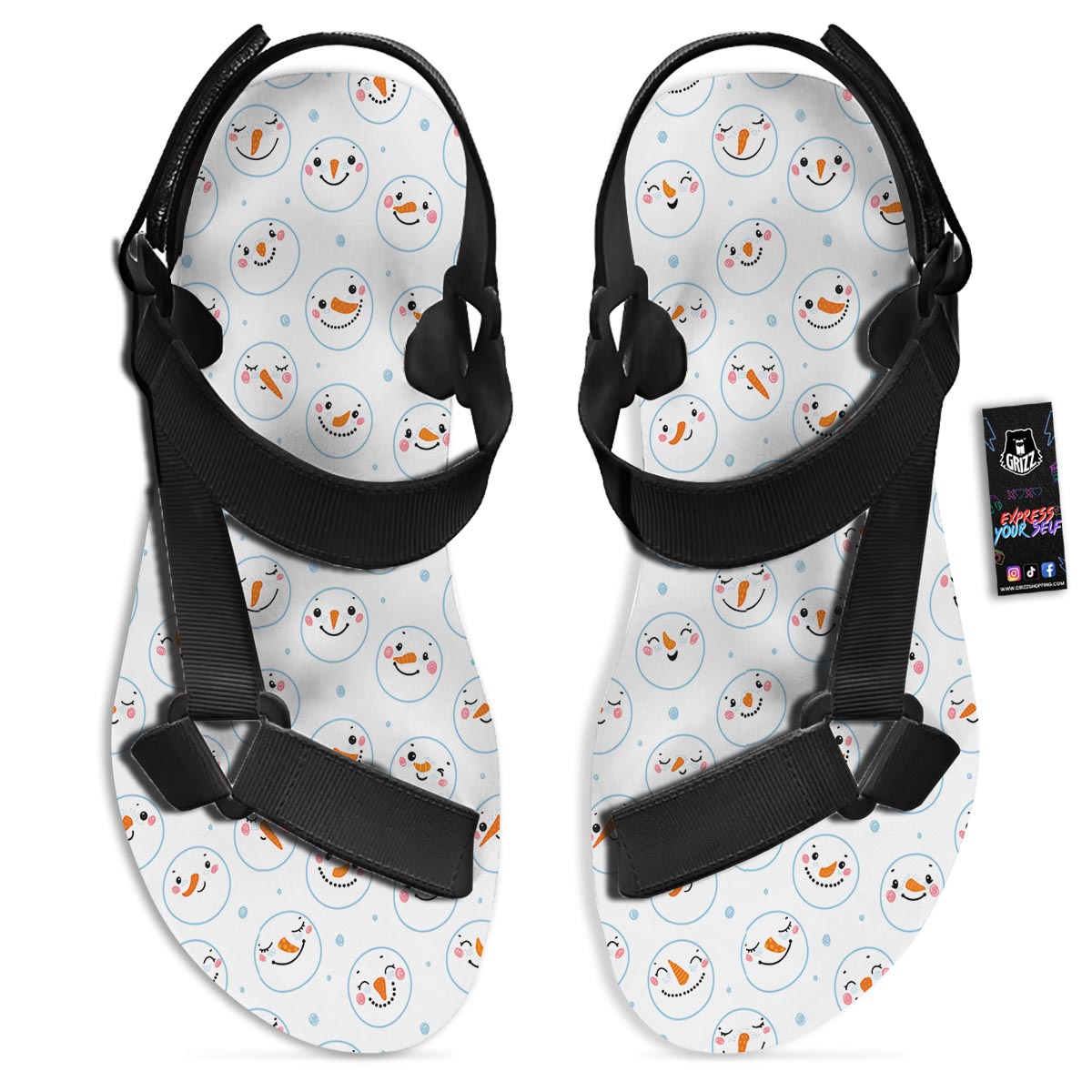 Emoji Snowman Print Pattern Black Open Toe Sandals-grizzshop